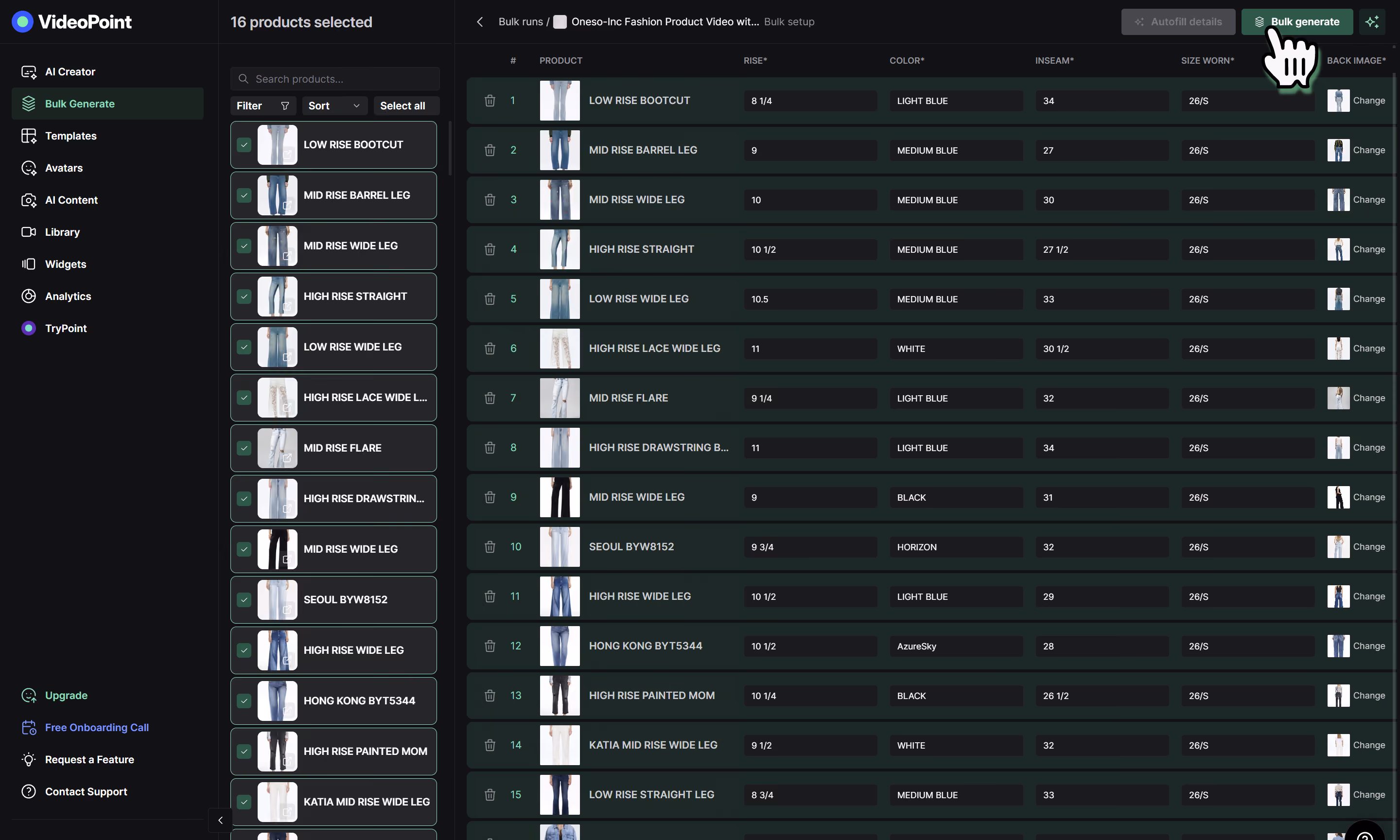 VideoPoint interface showing a bulk generate tool for selecting and configuring 16 fashion products.