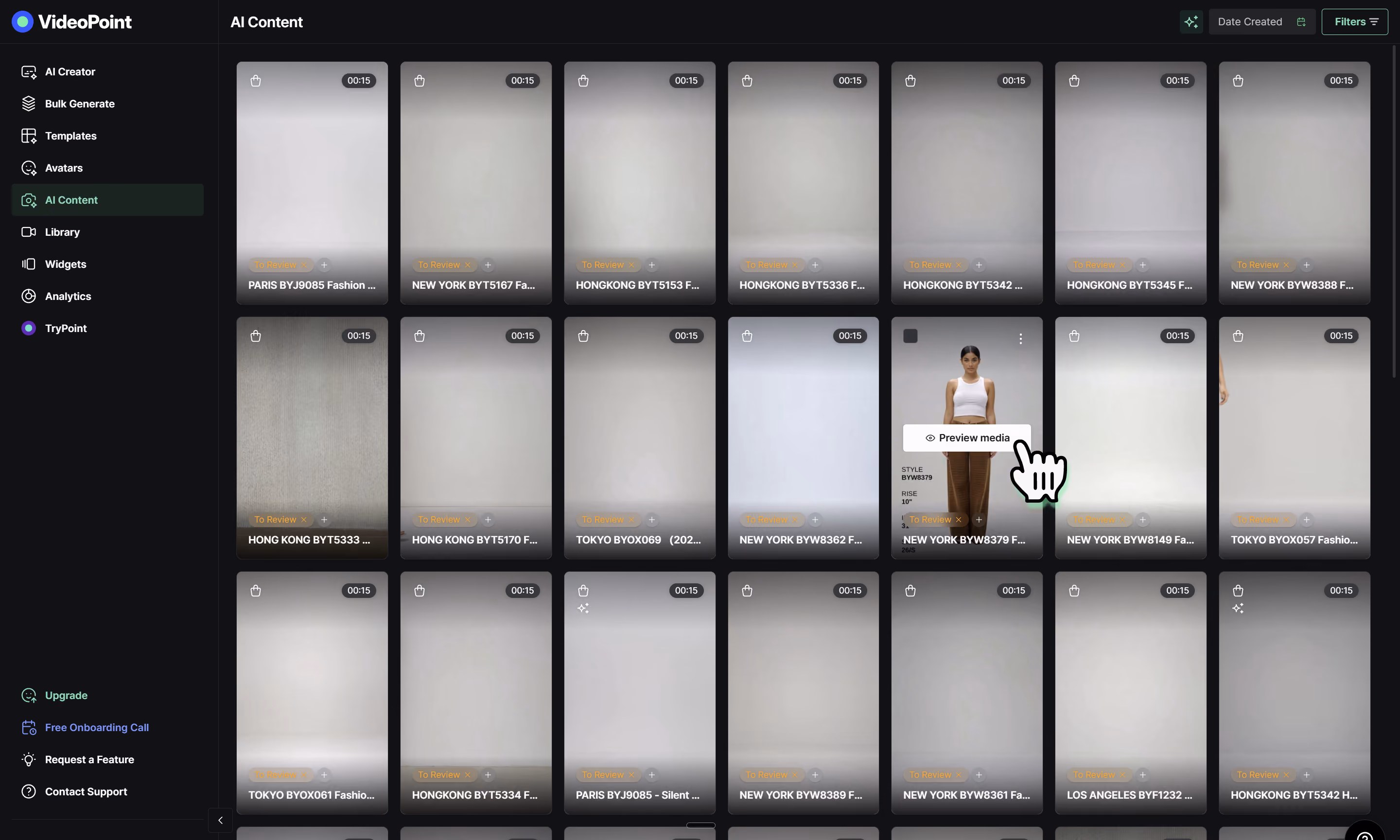 VideoPoint AI Content dashboard showing video thumbnails and a preview media cursor over a woman model.
